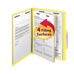A Smead Classification File Folder (Yellow, 1 Divider) with 2 expansion displays organized documents. Its open design highlights the 4 Filing Surfaces graphic and visible tabs for easy access.