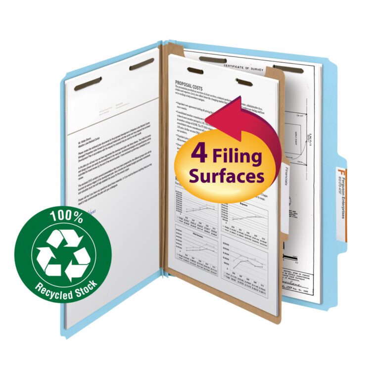 13721_C1.jpg The Smead 100% Recycled Pressboard Classification File Folder features 1 divider and 4 filing surfaces, underscoring its eco-friendliness with 100% Recycled Stock. Its available in blue, letter size, with a 2 expansion, and comes in packs of 10 per box (13721).