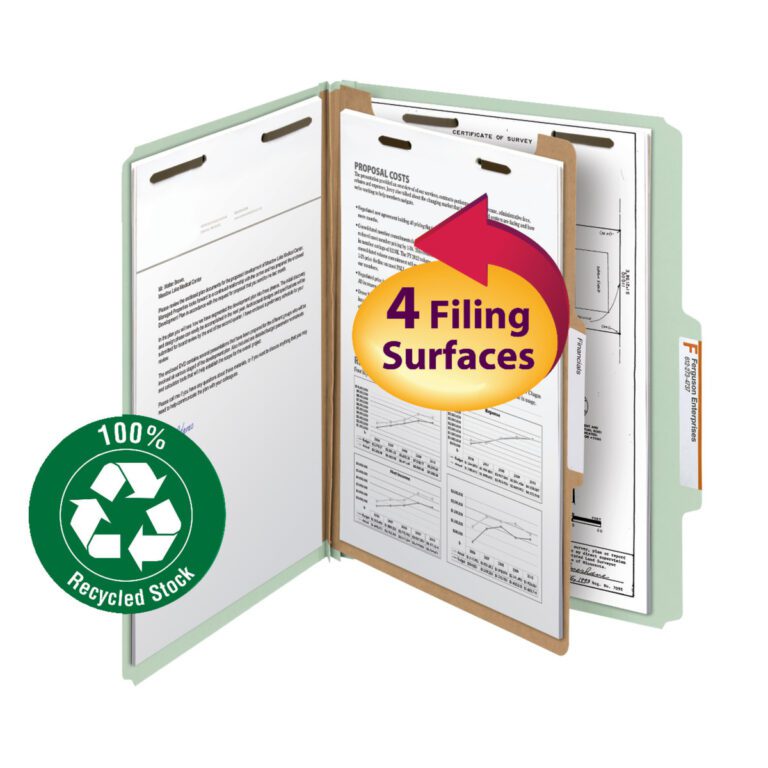 13723_C1.jpg The Smead 100% Recycled Pressboard Classification File Folder in Gray/Green features 4 Filing Surfaces and a recycling symbol sticker reading 100% Recycled Stock. It has labeled tabs and is sold in boxes of 10 (13723), with 1 divider and a 2 expansion, letter size.