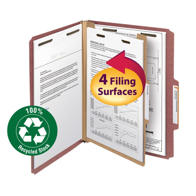 Open the Smead 100% Recycled Pressboard Classification File Folder with 2 expansion in red, showing several printed documents. A circular label with an arrow highlights 4 Filing Surfaces, and a green badge on the bottom left confirms 100% Recycled Stock. Available in boxes of 10 (13724).