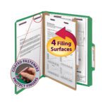 The image shows a green Smead Pressboard Classification File Folder with papers and a red arrow pointing to 4 Filing Surfaces. A circular inset highlights a hand using SafeSHIELD® fasteners, noting Coated Fasteners Protect Fingers. This letter size folder comes in a box of 10 (13733).
