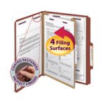 The Smead Pressboard Classification File Folder with SafeSHIELD Fasteners features letter size, four filing surfaces, one divider, and 2 expansion. A label stating Coated Fasteners Protect Fingers and an arrow indicate its ample document capacity.
