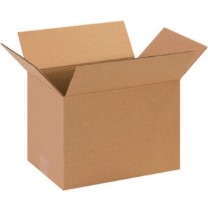 An open MH-USA 13 x 9 x 11 corrugated box, part of a bundle of 25, sits against a white background with flaps folded outward, highlighting its sturdy construction and versatility for various packing needs.
