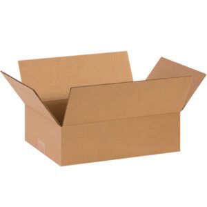 An open MH-USA 13 x 9 x 4 Flat Corrugated Box from a bundle of 25, with upright flaps and viewed at an angle, stands against a plain white background, showcasing its ready-to-use structure.