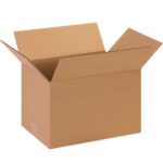 The MH-USA 13 x 9 x 7 corrugated box, shown open with flaps on a white background, is ideal for packaging or shipping. It looks empty in the image and is available in convenient bundles of 25.