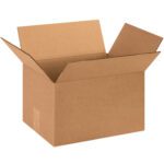 An open MH-USA 13 x 9 x 8 corrugated box with outward-folded flaps against a white background. This standard rectangular brown box offers durability and efficient space utilization. (Pack of 25).