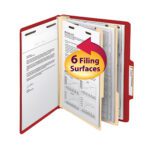 A Smead Classification File Folder in red is open, showing organized document pages. A yellow circular label with a red arrow reads 6 Filing Surfaces. This versatile folder offers 2 expansion, fits letter-size documents, and comes in packs of 10 per box (14003).