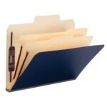 A box of ten Smead SuperTab Classification File Folders comes in letter size with an oversized tab, two dividers, and a 2 expansion. Each dark blue file folder features metal fasteners inside for secure document storage.