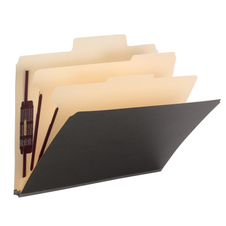 The Smead SuperTab Classification File Folder in dark gray, equipped with oversized tabs and 2 dividers, is open to reveal several beige dividers inside. It features metal fasteners on the left side for neat organization.