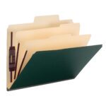 The Smead SuperTab Classification File Folder (14012) in Dark Green, for letter-size papers, includes 2 beige dividers and durable brown fasteners. It features an open design with oversized tabs and 2 expansion, perfect for efficient organization of documents. Comes in a box of 10.