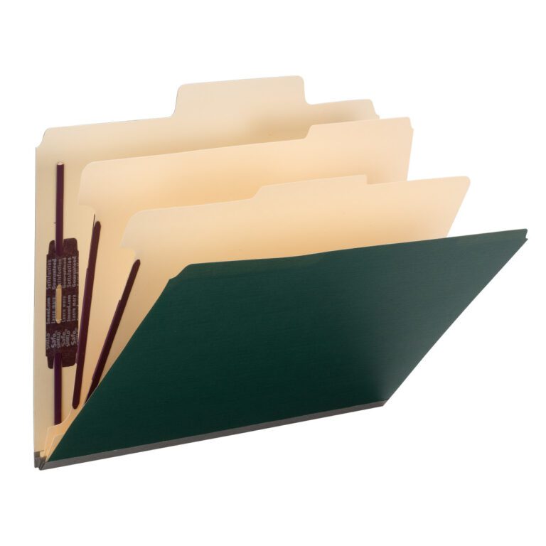The Smead SuperTab Classification File Folder (14012) in Dark Green, for letter-size papers, includes 2 beige dividers and durable brown fasteners. It features an open design with oversized tabs and 2 expansion, perfect for efficient organization of documents. Comes in a box of 10.