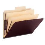 A set of four Smead SuperTab Classification File Folders (Letter Size, Maroon) is arranged in a cascade, showcasing the oversized tabs for easy labeling.