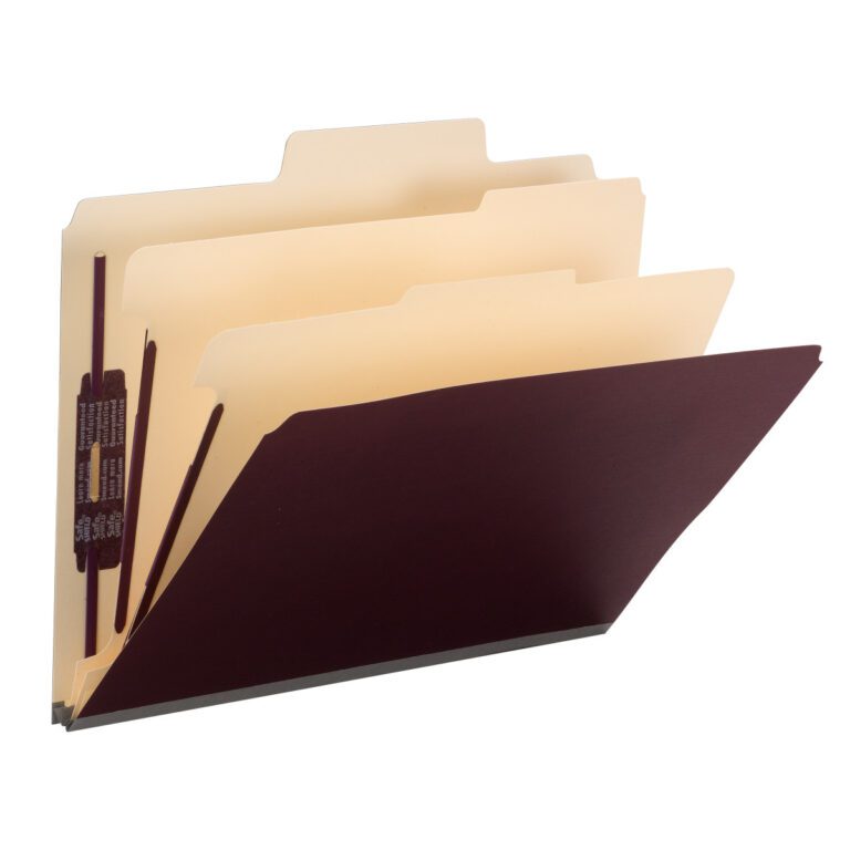 14013_C1.jpg A set of four Smead SuperTab Classification File Folders (Letter Size, Maroon) is arranged in a cascade, showcasing the oversized tabs for easy labeling.