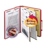 A Smead Pressboard Classification File Folder in bright red shows an open multi-section design with charts, featuring labels that read 6 Filing Surfaces and 2 Dividers and Coated SafeSHIELD? Fasteners Protect Fingers. It offers a 2 expansion for extra capacity and is available in boxes of 10 (14031).