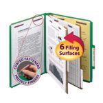 The Smead Pressboard Classification File Folder in green features SafeSHIELD fasteners and six filing surfaces. It offers 2 expansion with finger-protecting coated fasteners, marked by a yellow badge, and is available in packs of 10 (14033).