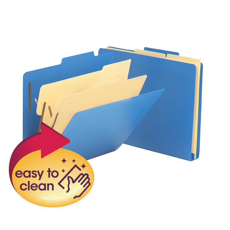 The Smead Poly Classification Folder (14045) in blue includes two dividers and letter-size sections, perfect for document organization. It’s practical with an easy-to-clean icon and stylish design, sold 10 per box, making it ideal for any workspace.