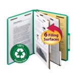 A Smead 100% Recycled Pressboard Classification File Folder, Letter Size and Green, is open displaying charts. It features 2 dividers for 6 filing surfaces and a 2 expansion, with a badge saying 100% Recycled Stock.