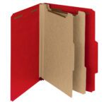 The Smead 100% Recycled Pressboard Classification File Folder (14061) in bright red, with 2 dividers and tabbed sections, offers excellent organization. Its 2 expansion ensures ample space, and its available in boxes of 10.