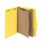The Smead 100% Recycled Pressboard Classification File Folder in yellow holds letter-size documents with a 2 expansion for extra capacity. It features two brown dividers and slots for securing papers. Sold in sets of 10 per box (14064), its perfect for organizing your workspace.