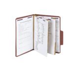 The Smead SuperTab Classification File Folder, with oversized tabs and SafeSHIELD Fasteners, comes in red. It features 2 dividers and a 2 expansion, accommodating multiple sections and sheets of paper, against a plain white background.