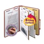 The Smead Pressboard Classification File Folder, featuring SafeSHIELD fasteners, comes in letter size with six filing surfaces and 2 expansion. The Coated fasteners protect fingers label shows a hand using the fastener. Available in red, it’s sold in packs of 10 per box (14073).