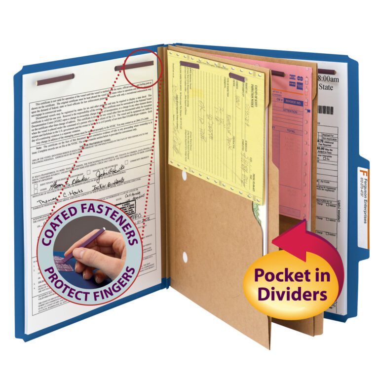 14077_C1.jpg A Smead Pressboard dark blue file folder is open, showing documents clipped inside. A circular inset shows a hand touching SafeSHIELD™ fasteners labeled to protect fingers. A yellow arrow highlights a pocket divider with 2 expansion for storage. Includes 2 dividers, 10 per box (14077).