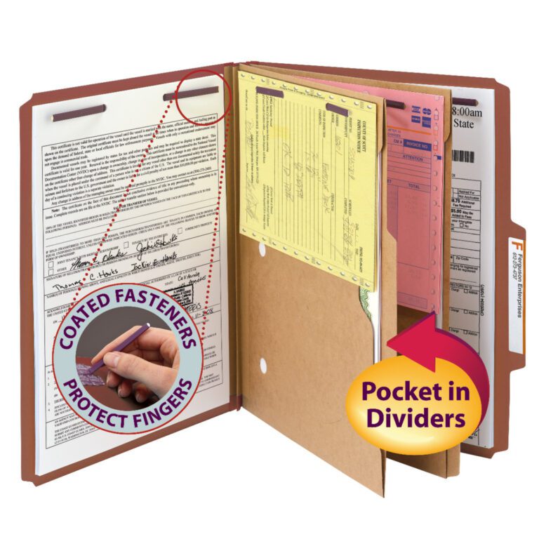 A Smead Pressboard Classification File Folder with Pocket Divider shows documents secured by SafeSHIELD? fasteners that protect fingers. Featuring a bold red color and 2 expansion, these letter-size folders (14079) offer extra storage space, with dividers included for efficient organization.