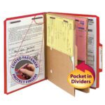 The Smead Pressboard Classification File Folder (14082) in bright red features SafeSHIELD? Fasteners to protect fingers and includes a pocket in its 2 dividers. This organized system, complete with tabs and receipts, comes in a set of 10 per box.