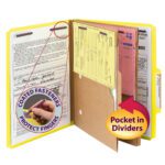 A yellow Smead Pressboard Classification File Folder (14084) features SafeSHIELD? Fasteners for finger protection and includes a pocket in its 2 dividers. It fits letter-size documents with a 2 expansion, offered in boxes of 10.
