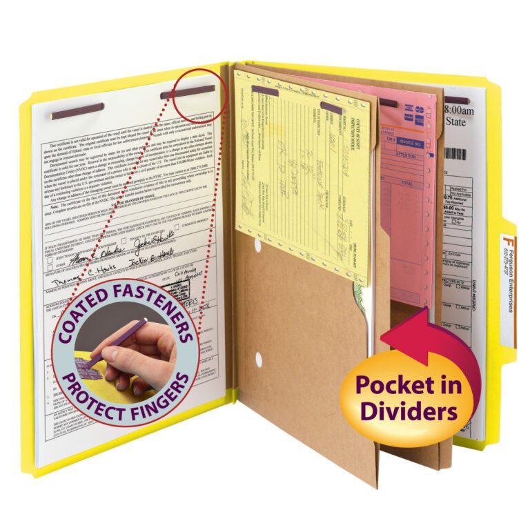14084_C1.jpg A yellow Smead Pressboard Classification File Folder (14084) features SafeSHIELD? Fasteners for finger protection and includes a pocket in its 2 dividers. It fits letter-size documents with a 2 expansion, offered in boxes of 10.