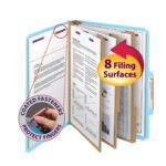 The Smead Pressboard Classification File Folder (14094) in blue features a 3 expansion and has 8 filing surfaces with three dividers for efficient organization. Coated SafeSHIELD? fasteners protect fingers, making it ideal for securely fastening documents.