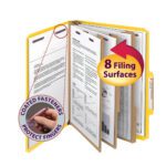 The yellow Smead Pressboard Classification File Folder features SafeSHIELD? Fasteners, offers a 3 expansion, and includes 3 dividers for organizing documents. It provides 8 filing surfaces and its fasteners are designed to protect your fingers. Box contains 10 letter-sized folders (SKU: 14098).