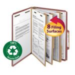 The Smead 100% Recycled Pressboard Classification File Folder is open, revealing multiple sections with documents. Stickers indicate 8 Filing Surfaces, Letter Size, and 3 Expansion, alongside the recycling symbol, underscoring its eco-friendly design.