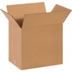 An MH-USA 14 x 10 x 12 corrugated box from a bundle of 25, with plain brown flaps folded upwards, is placed against a pristine white background.