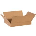 The scene shows an MH-USA 14 x 10 x 2 Flat Corrugated Box, from a bundle of 25, with its flaps extended on a plain white background.
