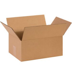 A plain brown MH-USA 14 x 10 x 6 corrugated box from a set of 25 is displayed against a white background with extended flaps showing its empty interior.