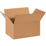 An empty MH-USA 14 x 10 x 7 corrugated box with outward flaps sits against a white background, highlighting its new brown texture and simple design, perfect for packing needs; available in bundles of 25.