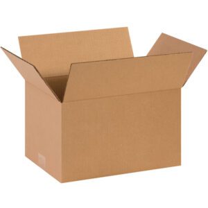 An open MH-USA 14 x 10 x 8 corrugated box rests on a white background, its sturdy interior visible with flaps spread wide. The reliable texture of these boxes makes the MH-USA 14 x 10 x 8 Corrugated Boxes (25/Bundle) ideal for all packing needs.