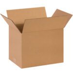 A large, open brown cardboard box with extended flaps, reminiscent of the sturdy MH-USA 14 x 11 x 11 Corrugated Boxes (25/Bundle), sits empty and slightly angled on a white background.