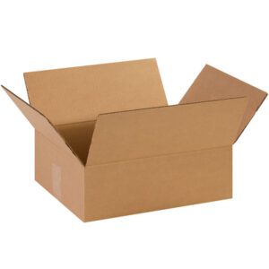 An open MH-USA 14 x 11 x 4 1/2 flat corrugated box with extended flaps, shown from a slight angle, rests against a white background. Displaying its sturdy design and practical form, this box is ideal for diverse packing needs and comes in bundles of 25.
