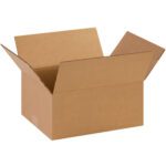 An open MH-USA 14 x 11 x 6 corrugated box with outward flaps is seen from an angle against a white background, highlighting its empty interior, brown color, and corrugated texture.