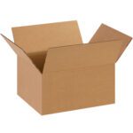 An MH-USA 14 x 11 x 8 corrugated box, part of a 25-box bundle, rests with its flaps open against a white background, showcasing its sturdy texture and empty interior perfect for versatile packing needs.