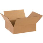 A brown MH-USA 14 x 12 x 4 Flat Corrugated Box with outward flaps, showcasing its simple corrugated texture, rests on a white background. Ideal for versatile packaging solutions, this box is part of a 25-piece bundle.
