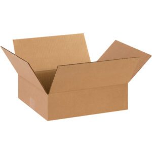 A brown MH-USA 14 x 12 x 4 Flat Corrugated Box with outward flaps, showcasing its simple corrugated texture, rests on a white background. Ideal for versatile packaging solutions, this box is part of a 25-piece bundle.