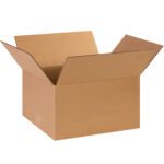 An empty MH-USA 14 x 12 x 8 corrugated box from the 25/Bundle set stands open against a plain white background, showcasing its brown cardboard structure.