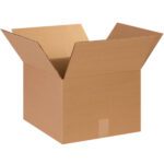 The MH-USA 14 x 14 x 10 Corrugated Box, featuring partly folded flaps and a distinct corrugated texture, is showcased against a plain white background.