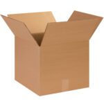 The MH-USA 14 x 14 x 12 Corrugated Box is depicted against a white background with open flaps, showcasing its sturdy and versatile design. The empty box highlights its corrugated texture.