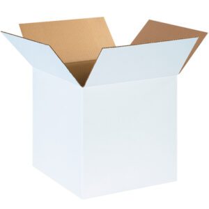 The image shows an open MH-USA 14 x 14 x 14 white corrugated cardboard box with a brown interior and upright flaps, set against a white background. It is from a bundle of 25 boxes.