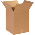 An open MH-USA 14 x 14 x 18 corrugated box stands upright with flaps extended, revealing its fresh texture and rectangular shape. It is part of a 25-piece bundle.