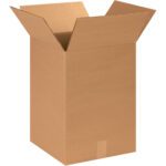 A tall, open cardboard box with outward-folded flaps stands upright against a plain white background, labeled as an MH-USA 14 x 14 x 19 Corrugated Box from a bundle of 20.